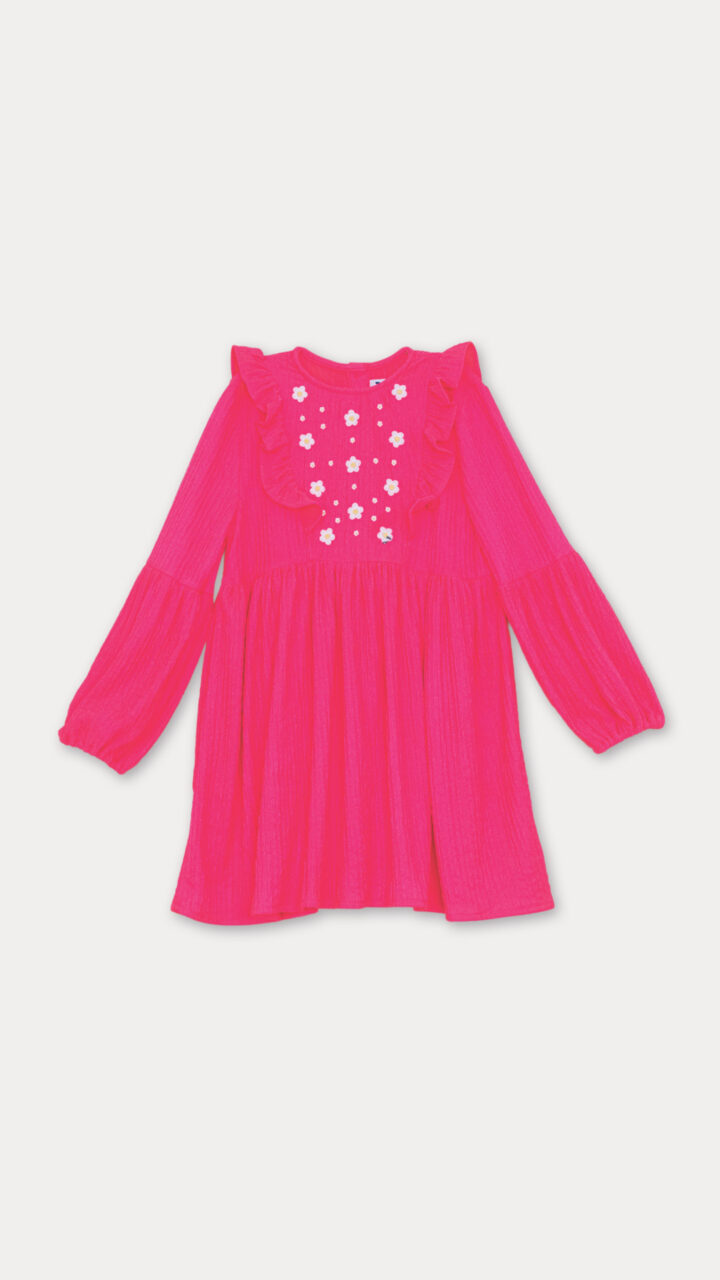 VESTIDO ROSADO CON FLORES BLANCAS